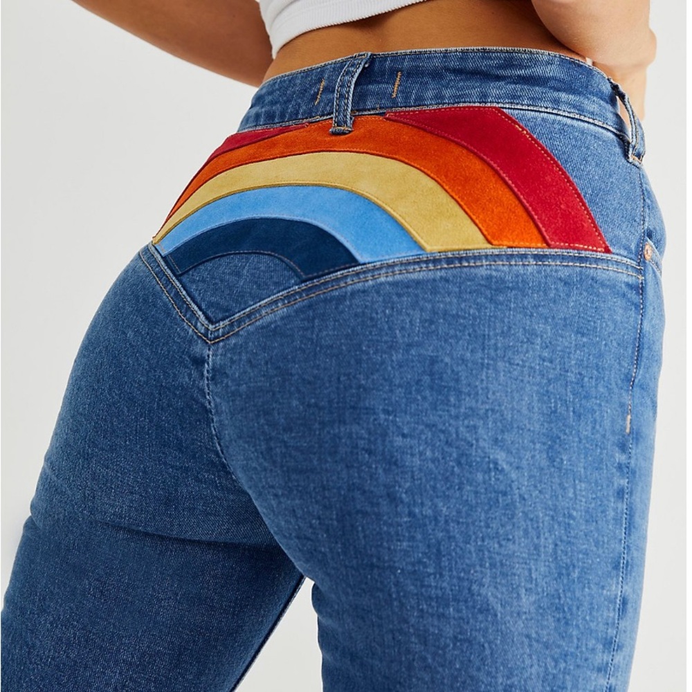 NWOT Free People bootcut jeans with suede rainbow on back, a tight 27